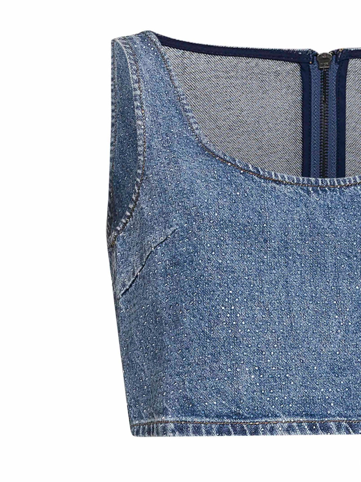 Self Portrait Women Blue Rhinestone Denim Crop Top