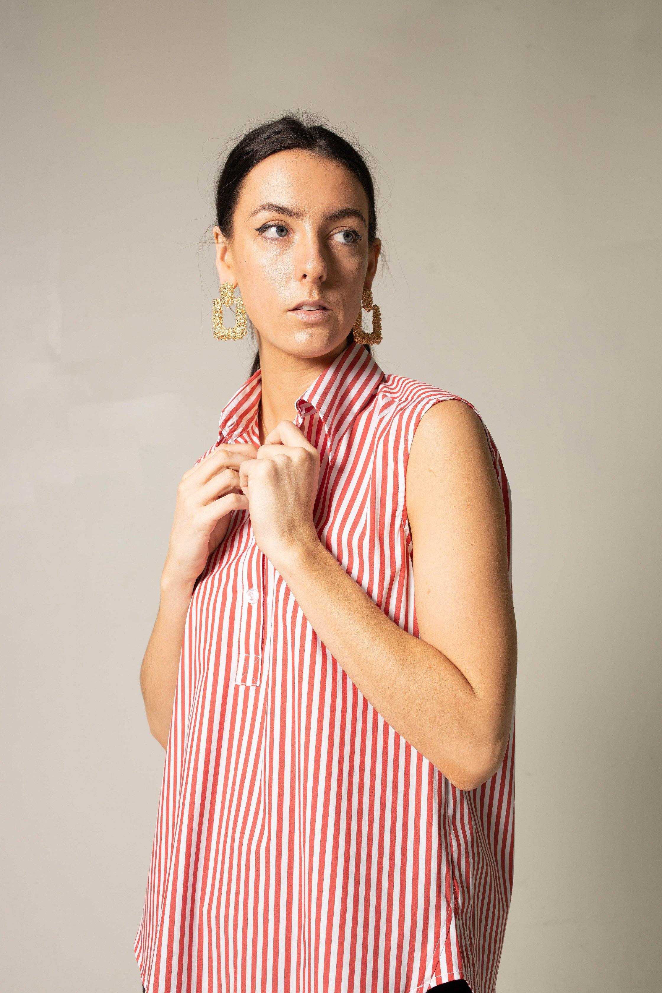Italian Cotton Stripe Red Sleeveless Top Red White