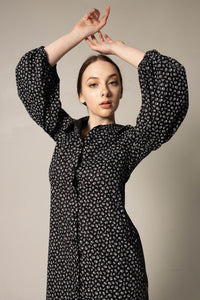 The Black Floral Shirt Dress in Italian Cotton with Oversized Sleeves2