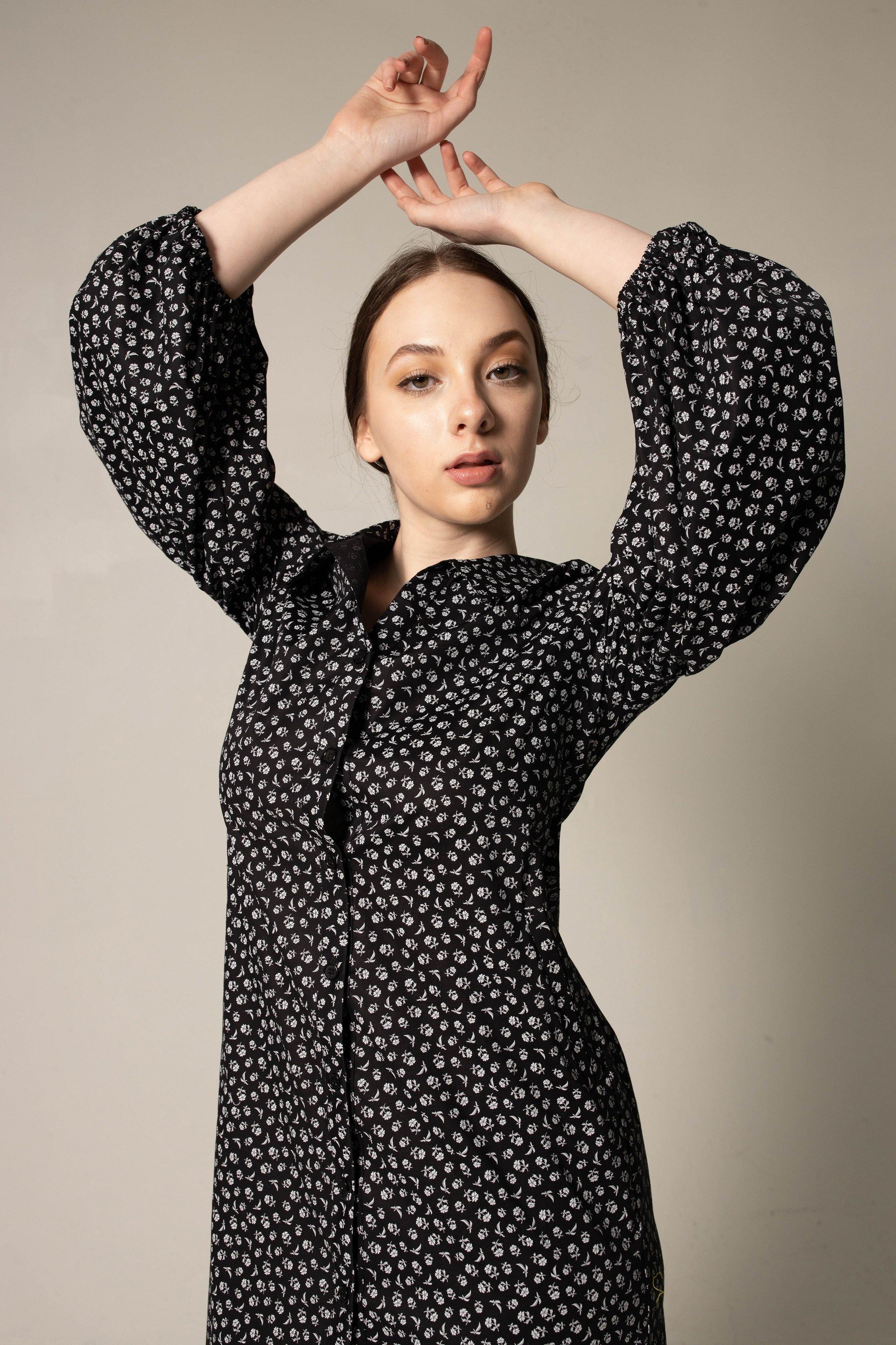 The Black Floral Shirt Dress in Italian Cotton with Oversized Sleeves2