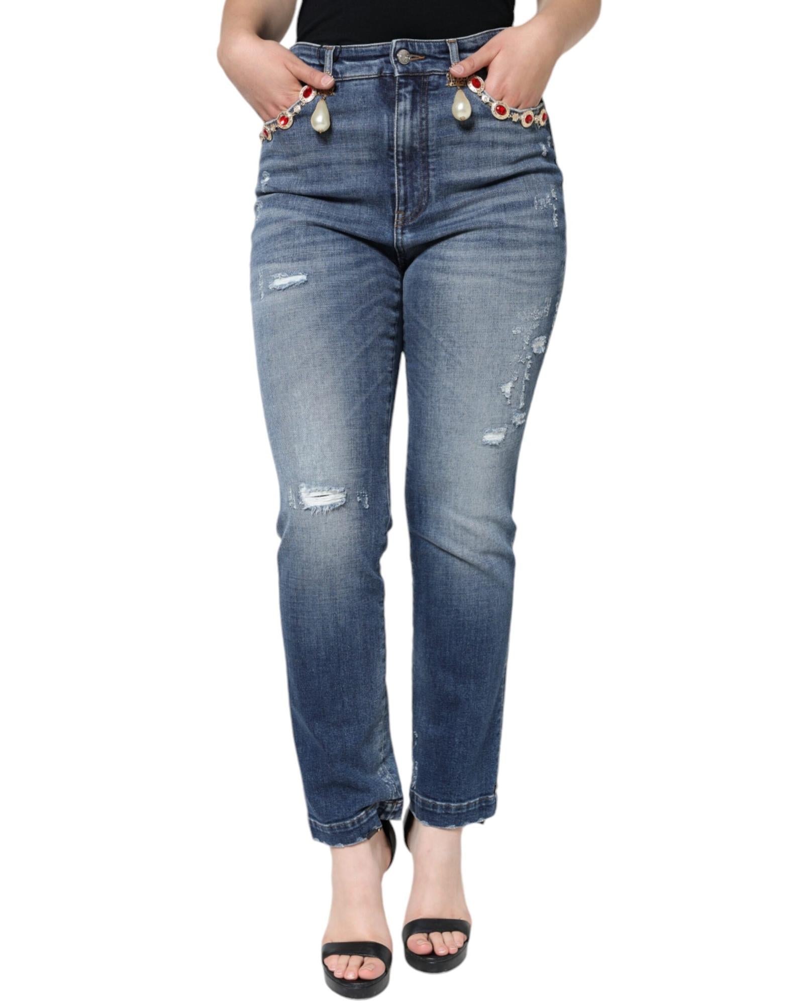 Dolce & Gabbana High-Waisted Skinny Jeans with Pearls & Rhinestones Blue Blue