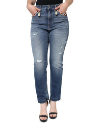 Dolce & Gabbana High-Waisted Skinny Jeans with Pearls & Rhinestones Blue