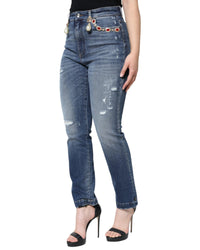 Dolce & Gabbana High-Waisted Skinny Jeans with Pearls & Rhinestones Blue