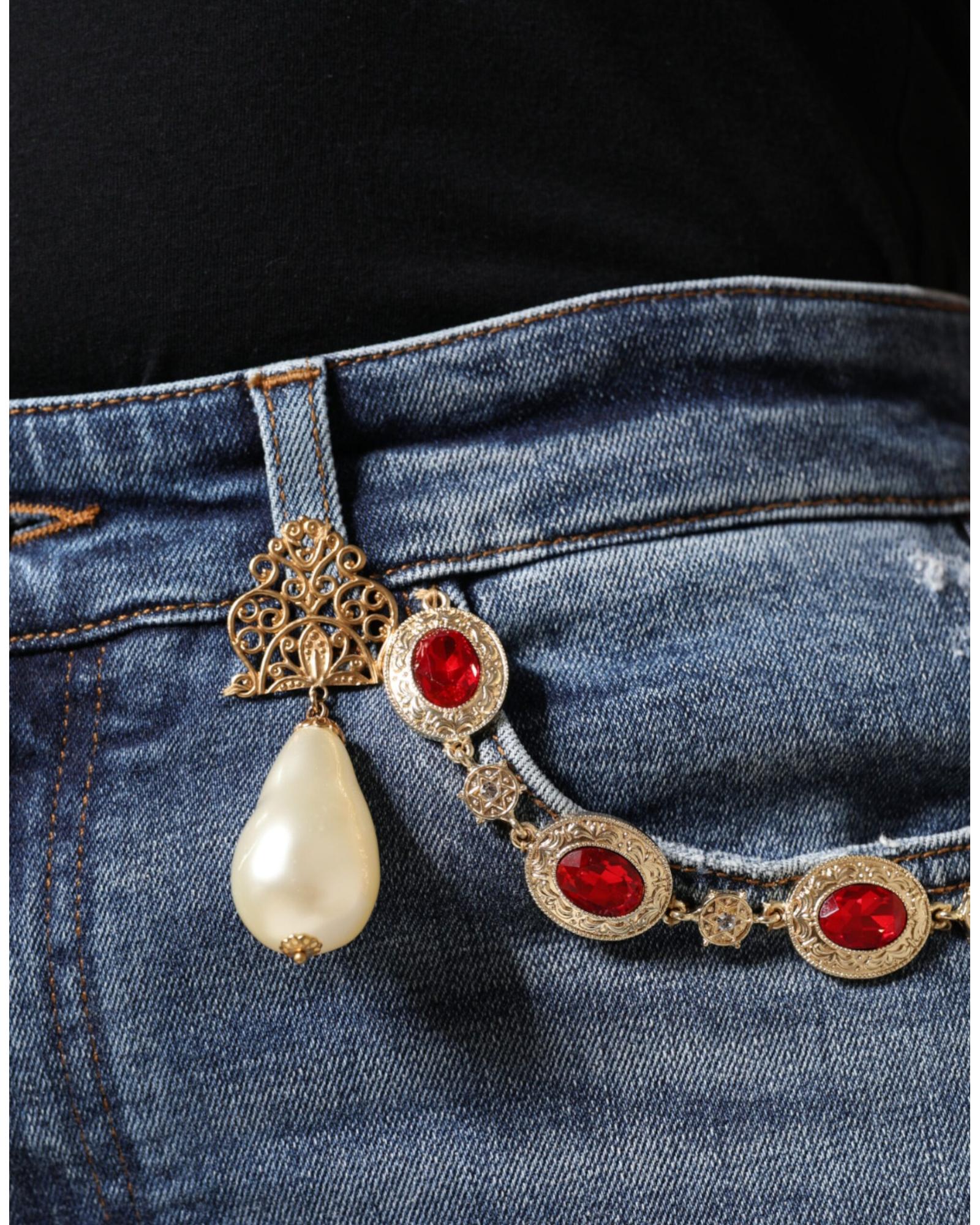 Dolce & Gabbana High-Waisted Skinny Jeans with Pearls & Rhinestones Blue