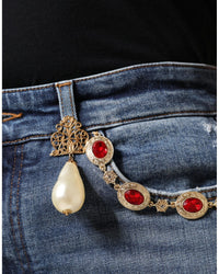 Dolce & Gabbana High-Waisted Skinny Jeans with Pearls & Rhinestones Blue