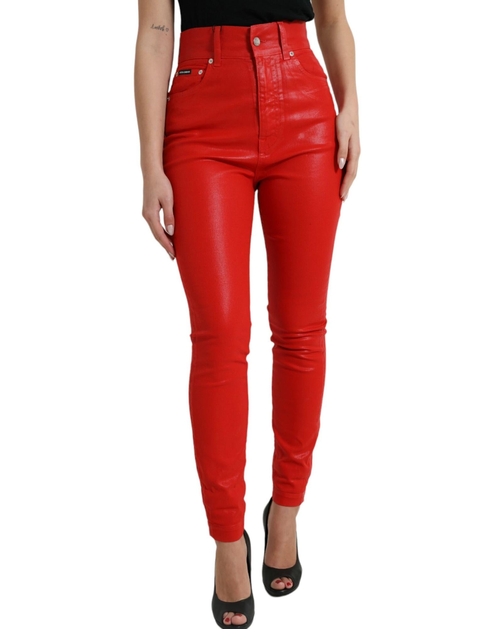 Dolce & Gabbana Women's High Waist Skinny Leather Jeans - Red 6 Red