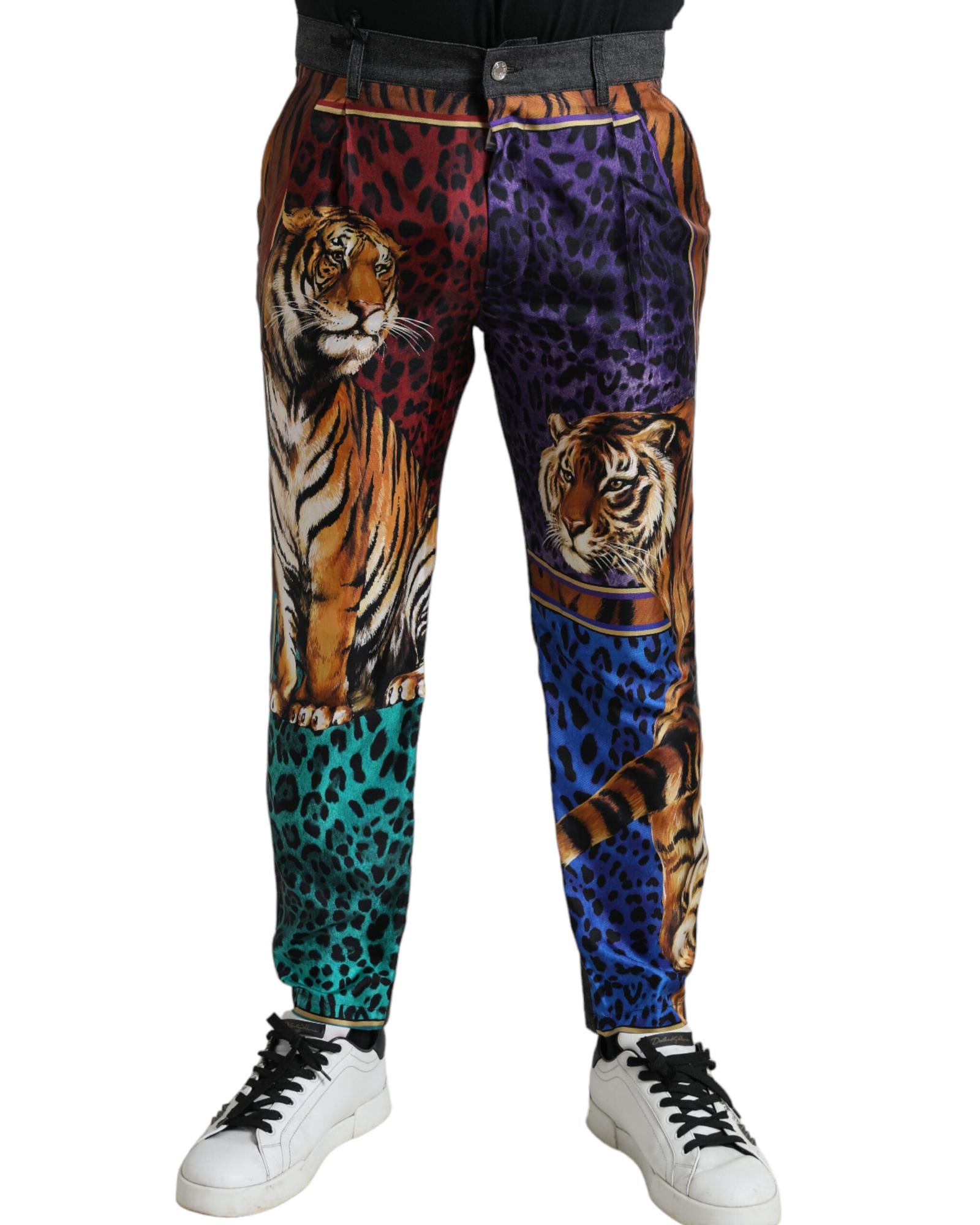 Dolce & Gabbana Tiger Print Silk Trousers for Men Multicolor