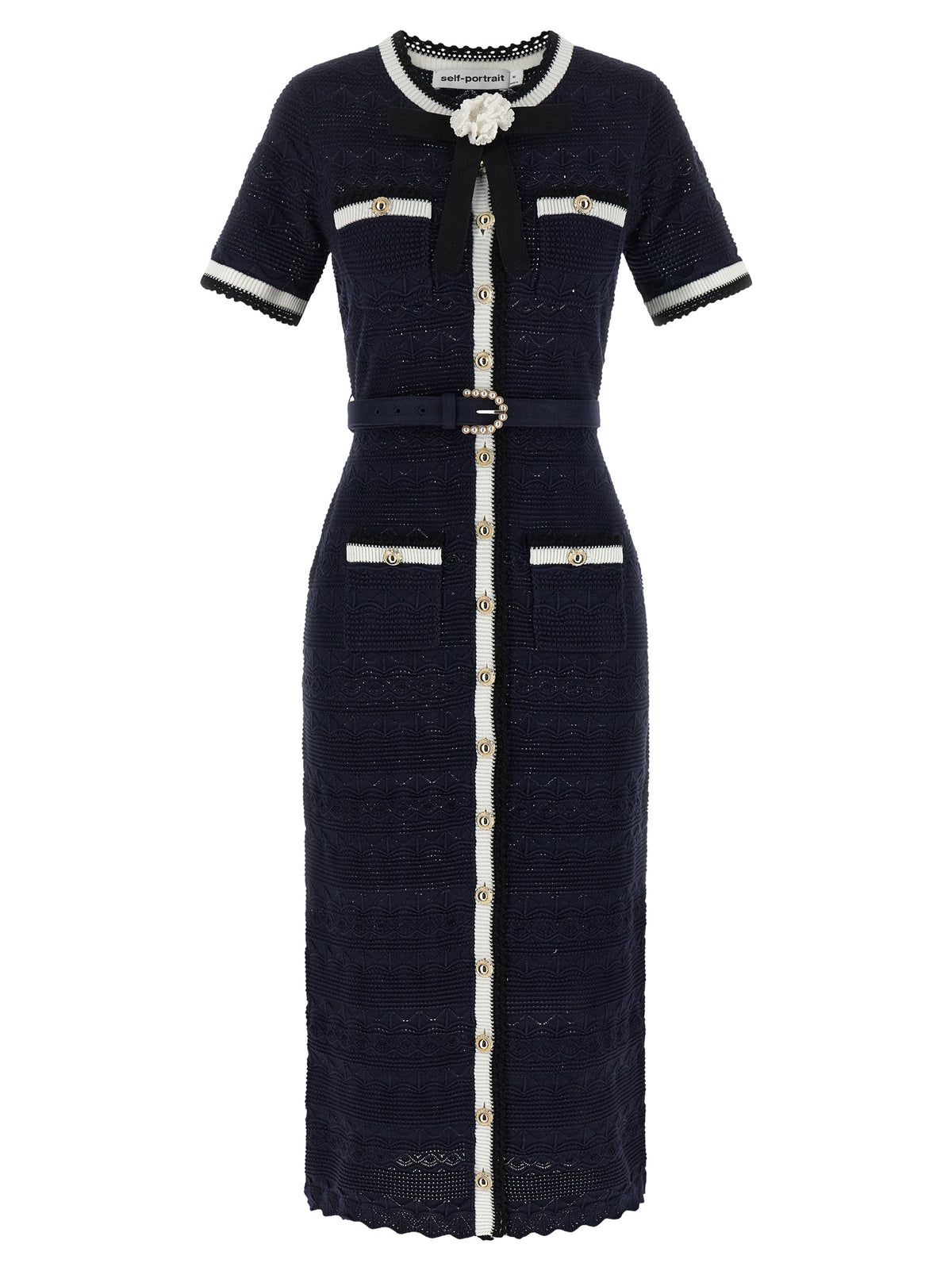 Self Portrait Women 'Navy Pointelle Knit Midi' Dress