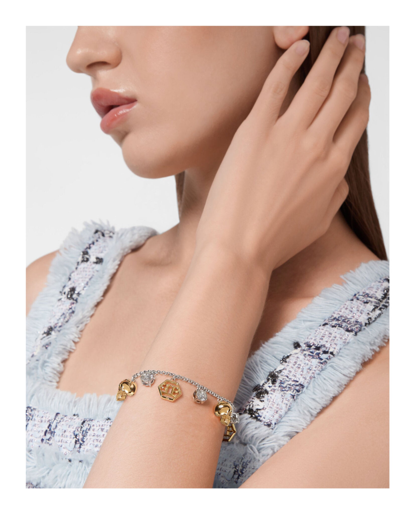 Philipp Plein Womens 3D $kull Crystal Cable Chain Bracelet