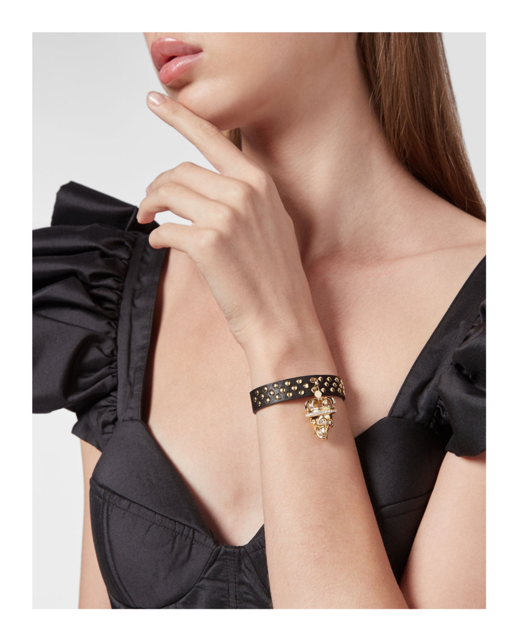 Philipp Plein Womens $kull Crown Crystal Calf Leather Bracelet