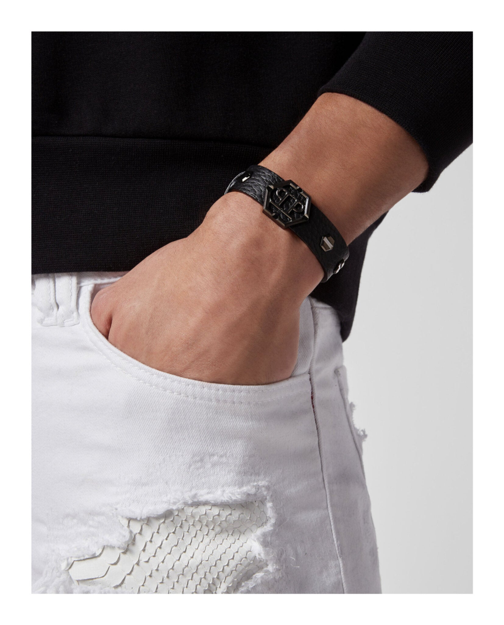 Philipp Plein Mens Hexagon Calf Leather Bracelet