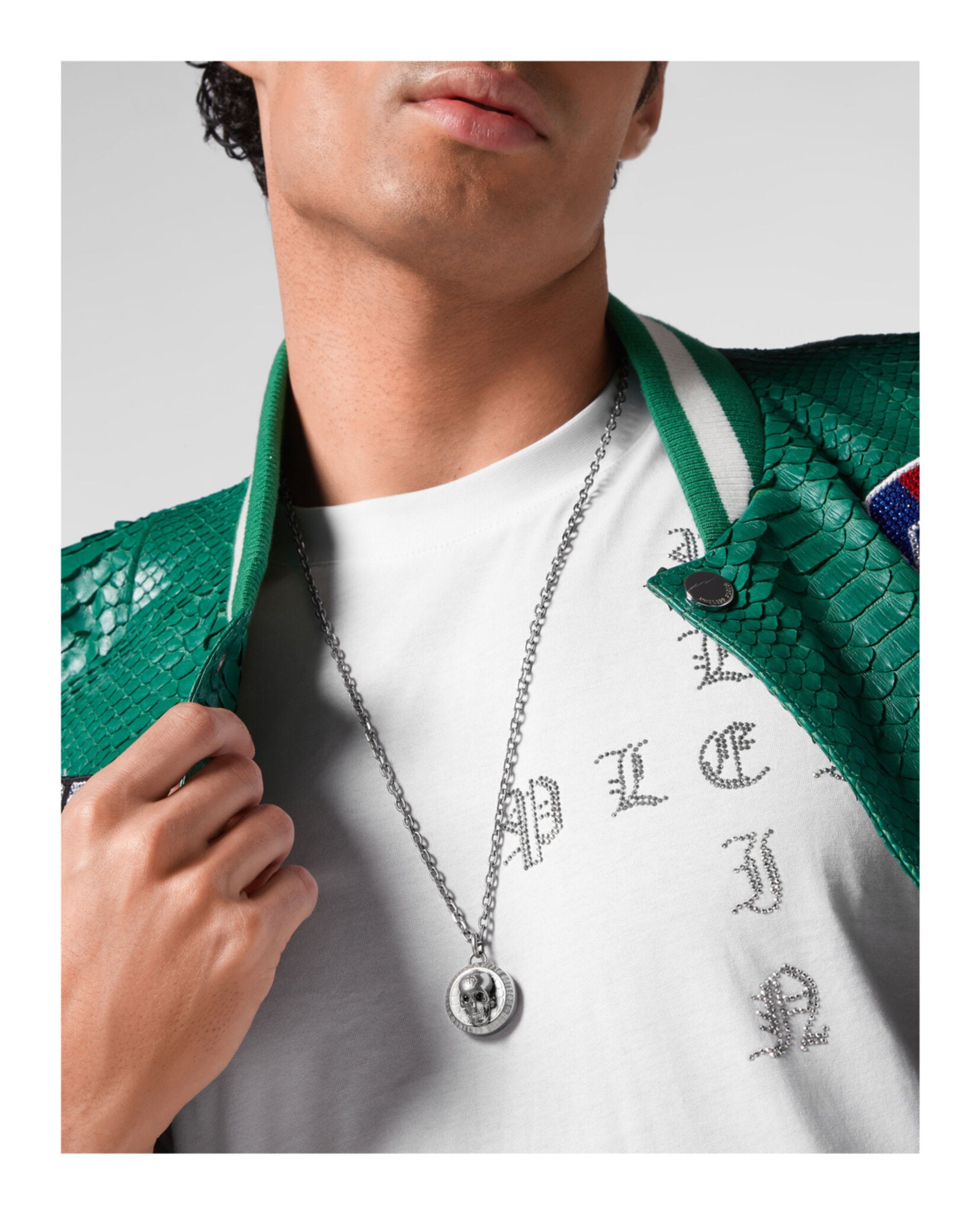 Philipp Plein Mens 3D $kull Crystal Cable Chain Necklace