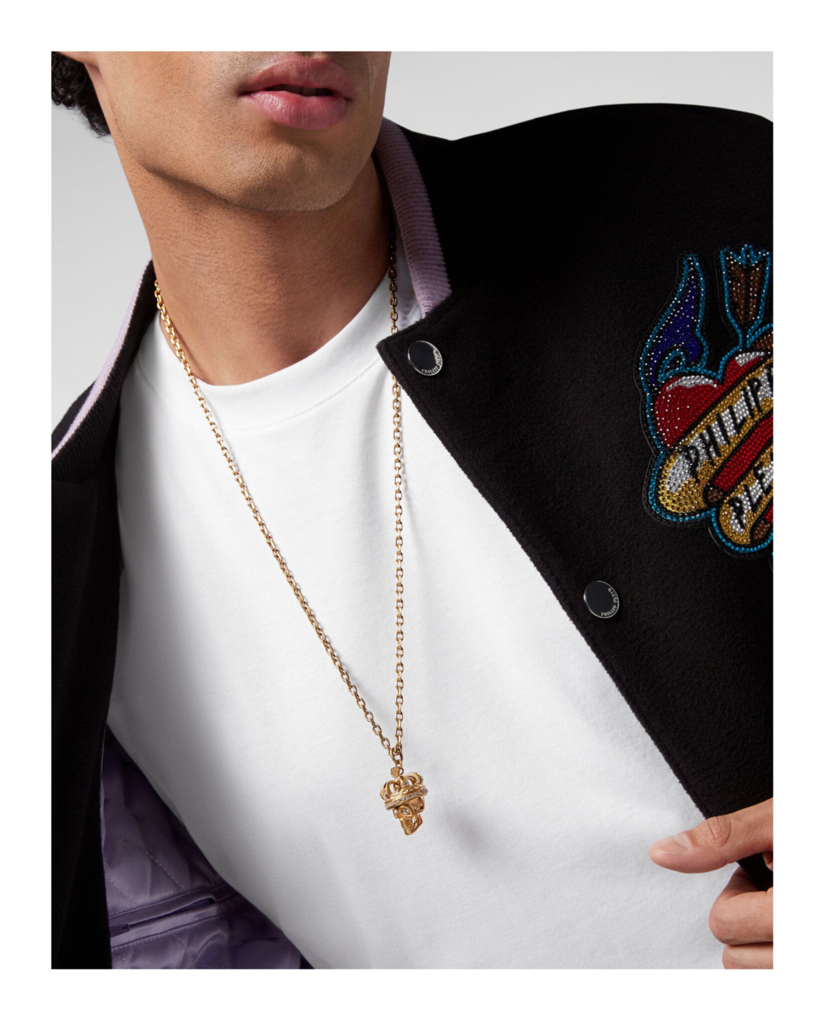 Philipp Plein Mens 3D $kull Crystal Cable Chain Necklace