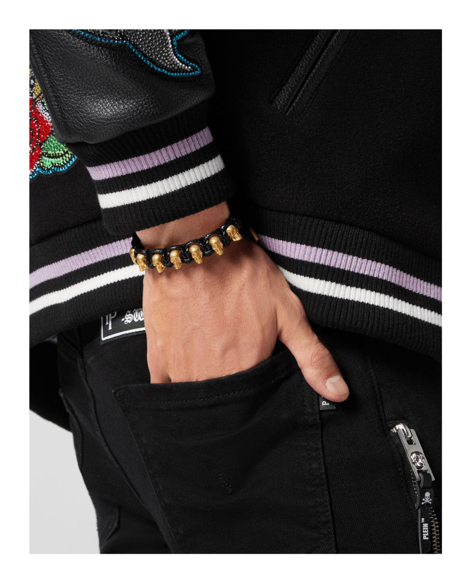 Philipp Plein Mens 3D $kull Crystal Cotton Cord Bracelet
