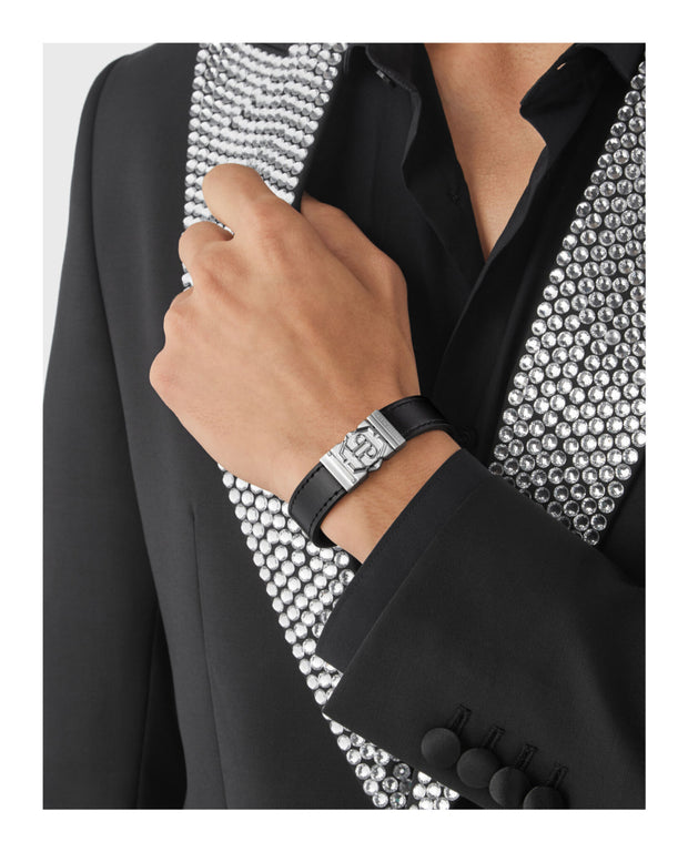 Philipp Plein Mens Hexagon Tactical Buckle Leather Bracelet