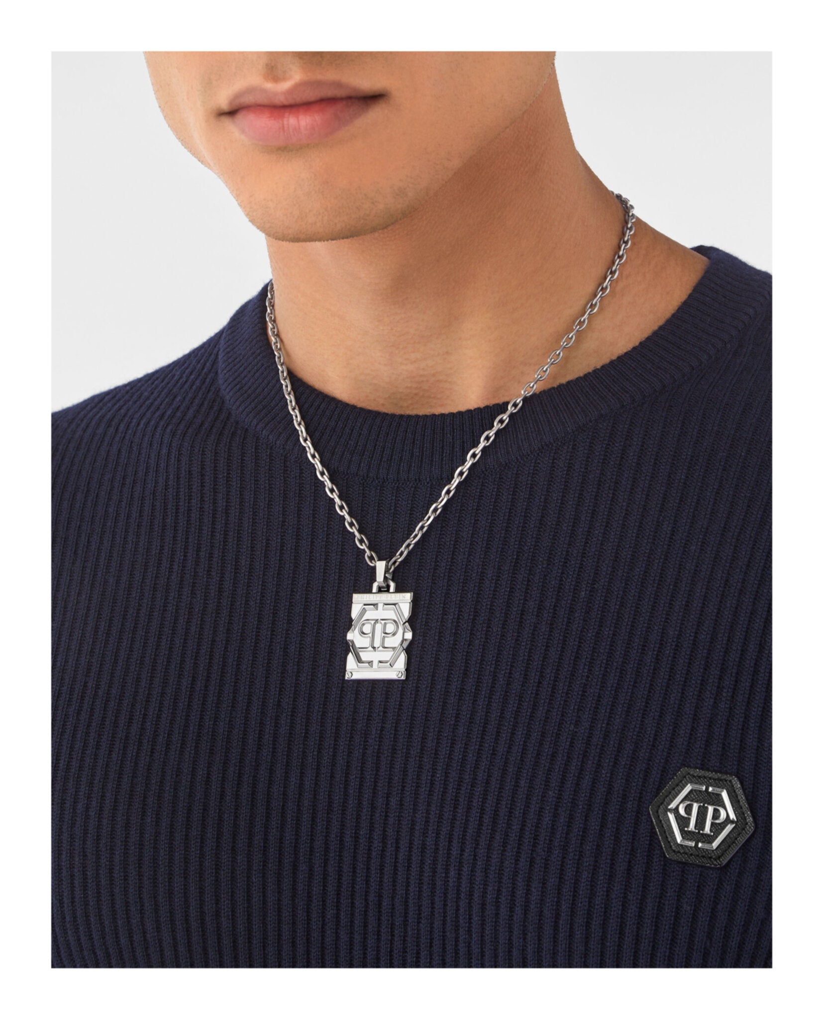 Philipp Plein Mens Hexagon Tactical Buckle Cable Chain Necklace