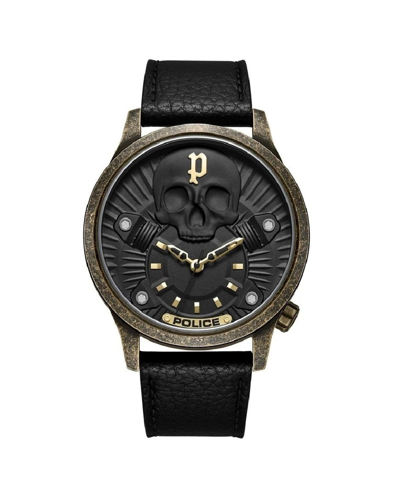 Police Stainless Steel Case Leather Strap Quartz Watch Black