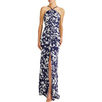 Womens Ruched Full Length Evening Dress Indigo Botanical