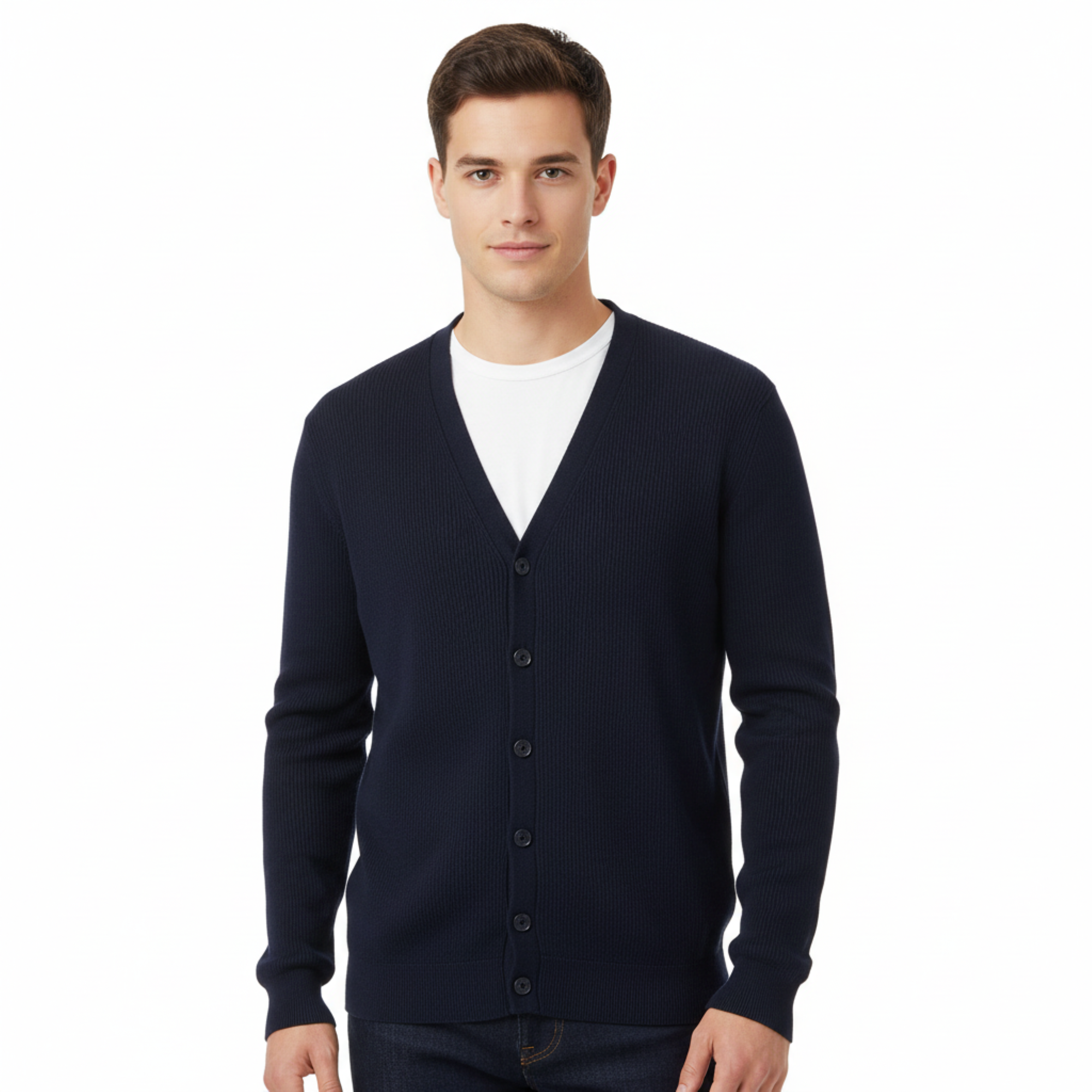 Royal Cashmere Wool Blend Mens Navy Blue Cardigan Sweater-L