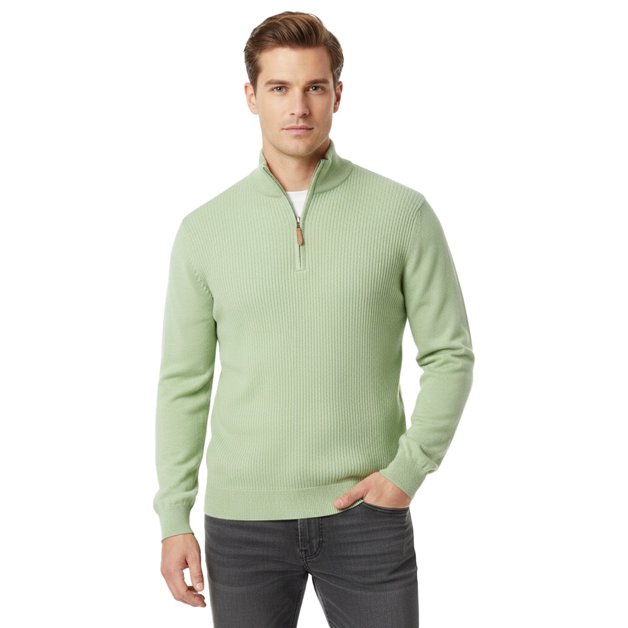 Royal Cashmere Green Half Zip Fine Cashmere Mens Sweater