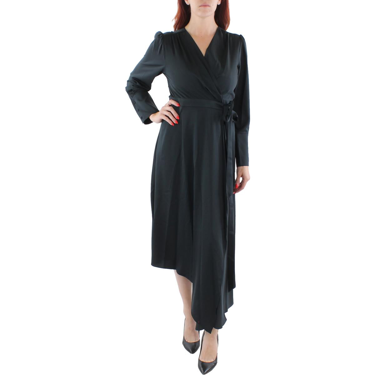 Womens Fit & Flare Midi Wrap Dress Black