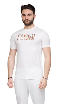 Cavalli Class White Logo Animal Print Fashion T-Shirt-