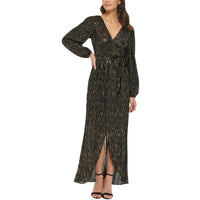 Womens Metallic Faux Wrap Maxi Dress Black Gold