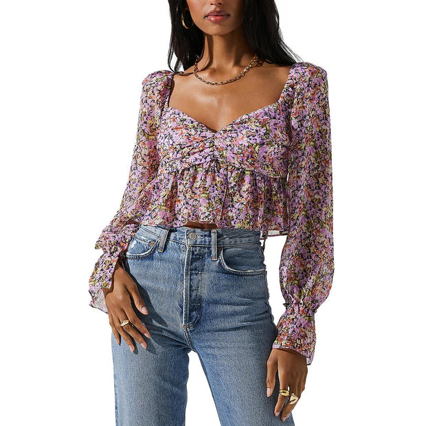Womens Floral Print Ruffle Cropped