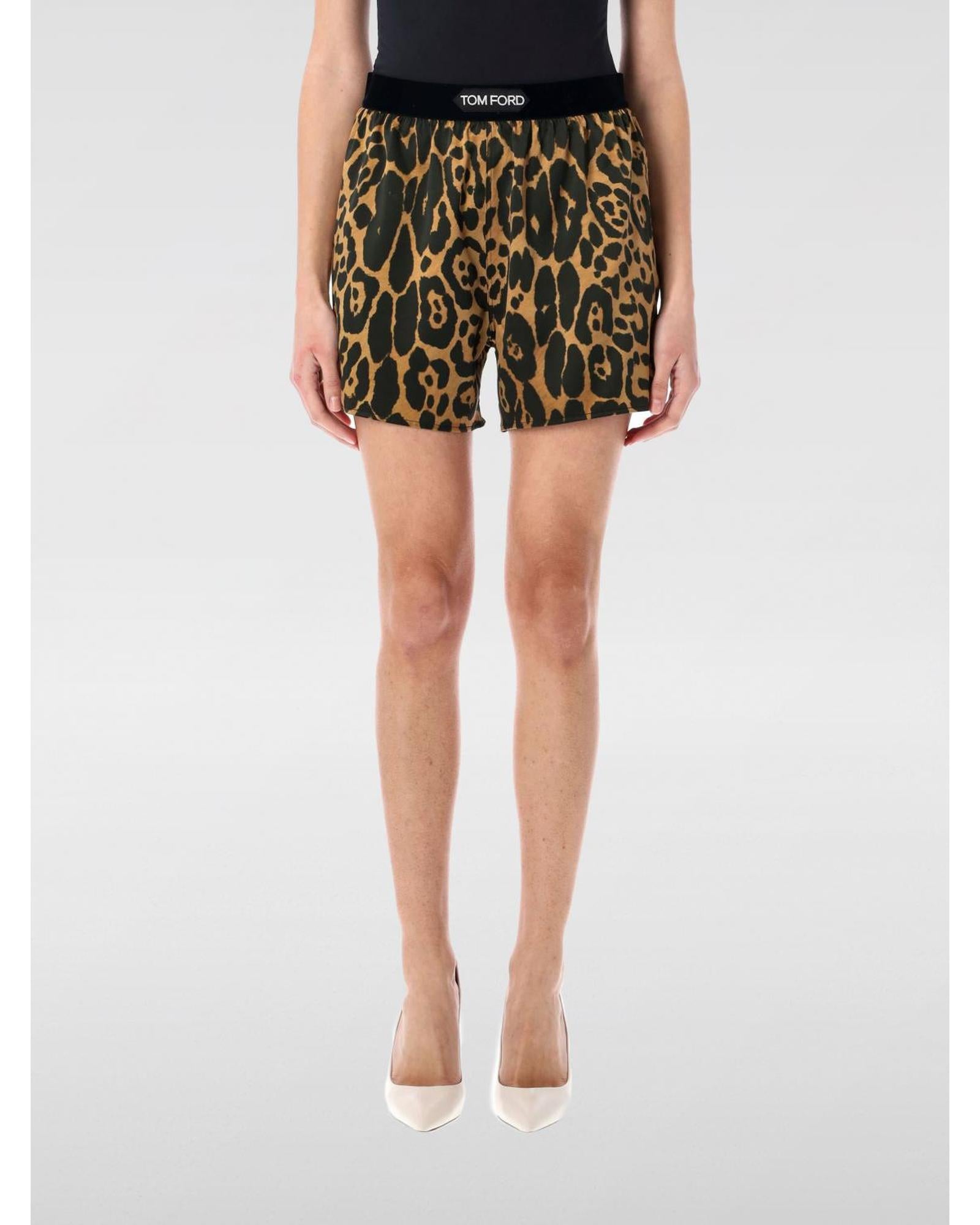 Tom Ford Leopard Print Silk Shorts Women Camel