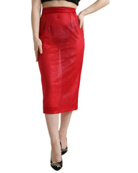 Dolce & Gabbana Red Embossed Silk Blend Midi Skirt