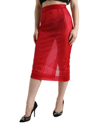 Dolce & Gabbana Red Embossed Silk Blend Midi Skirt