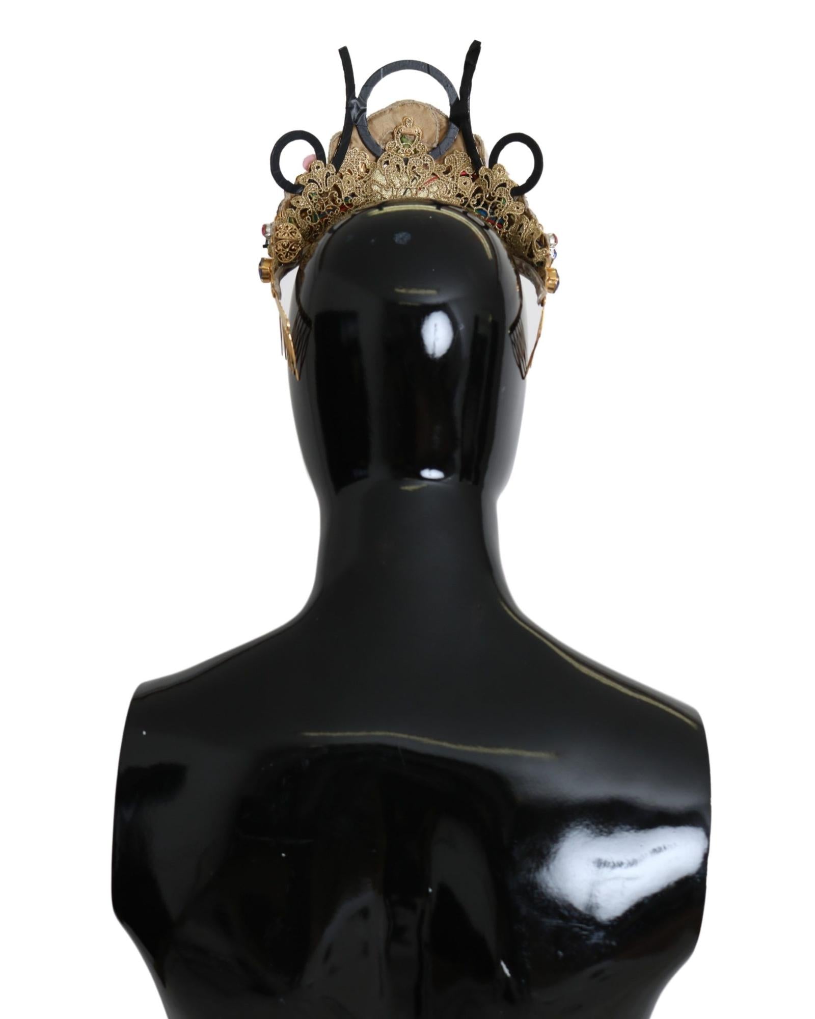 Dolce & Gabbana Gold-Tone Crown with Rhinestones Fabric Flowers and Crystals