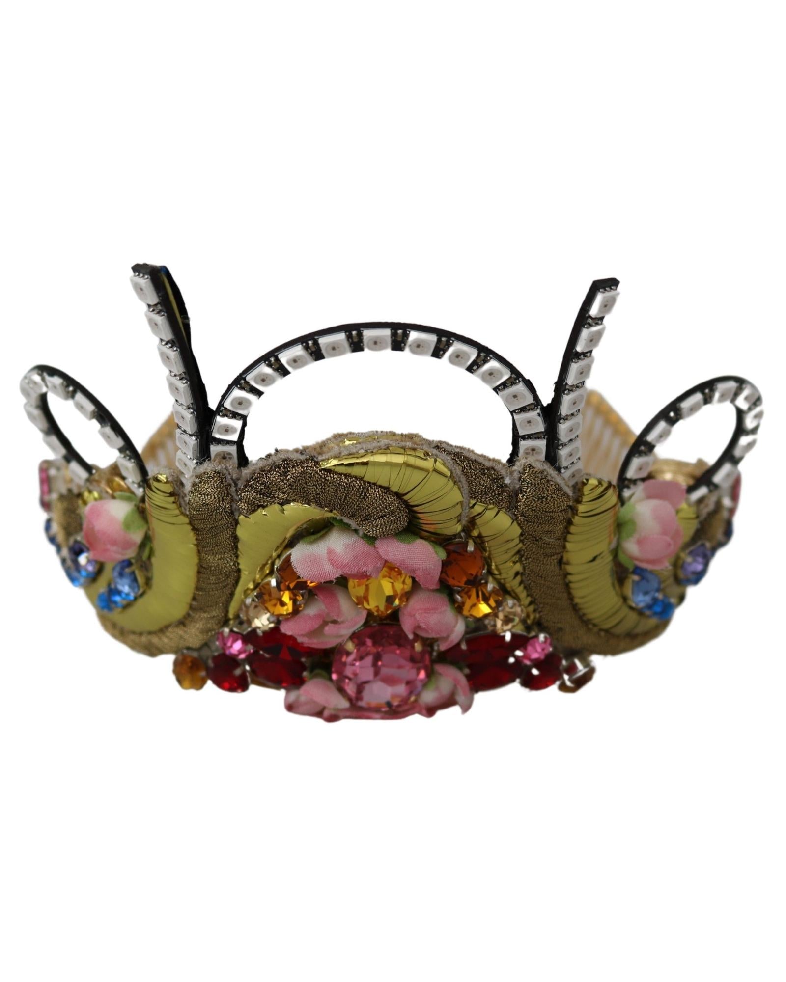 Dolce & Gabbana Gold-Tone Crown with Rhinestones Fabric Flowers and Crystals