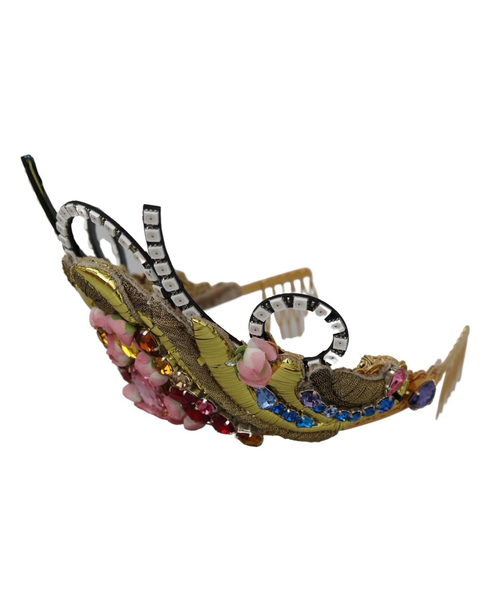 Dolce & Gabbana Gold-Tone Crown with Rhinestones Fabric Flowers and Crystals
