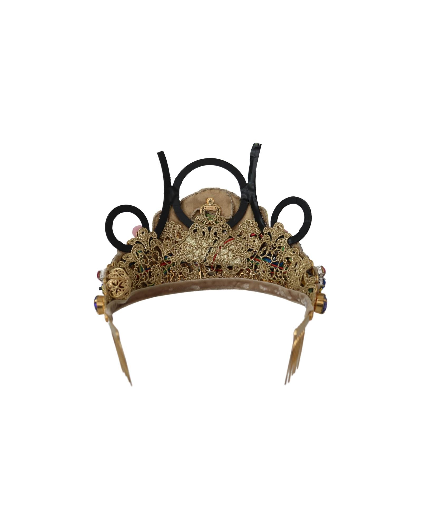 Dolce & Gabbana Gold-Tone Crown with Rhinestones Fabric Flowers and Crystals