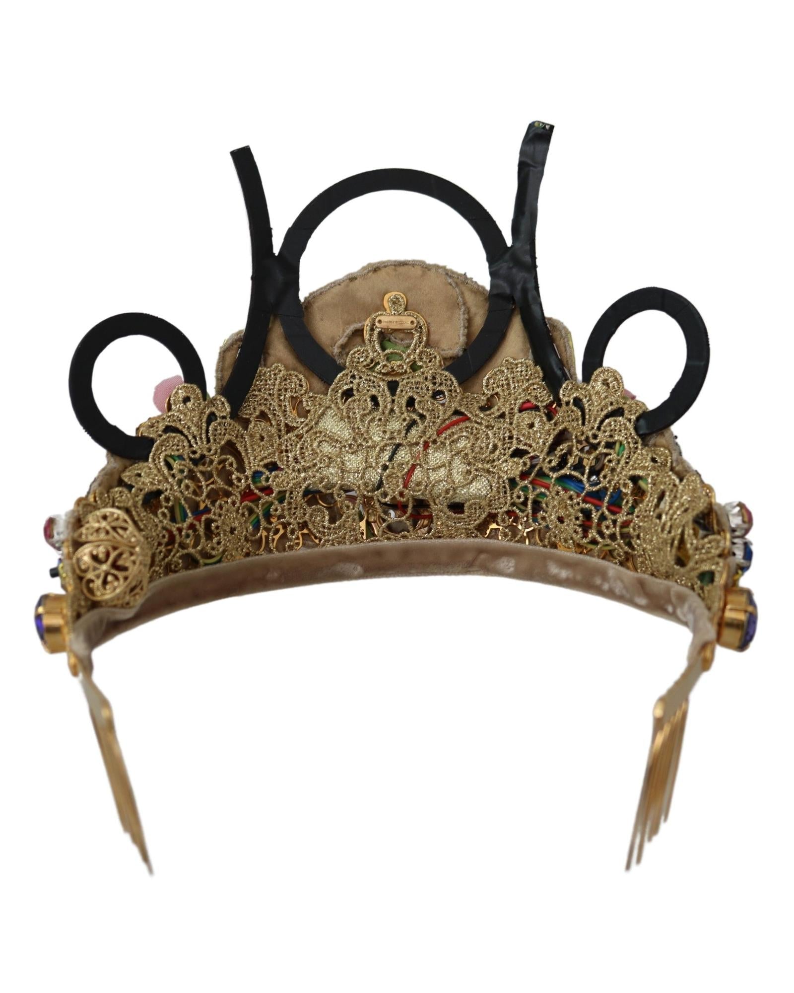 Dolce & Gabbana Gold-Tone Crown with Rhinestones Fabric Flowers and Crystals