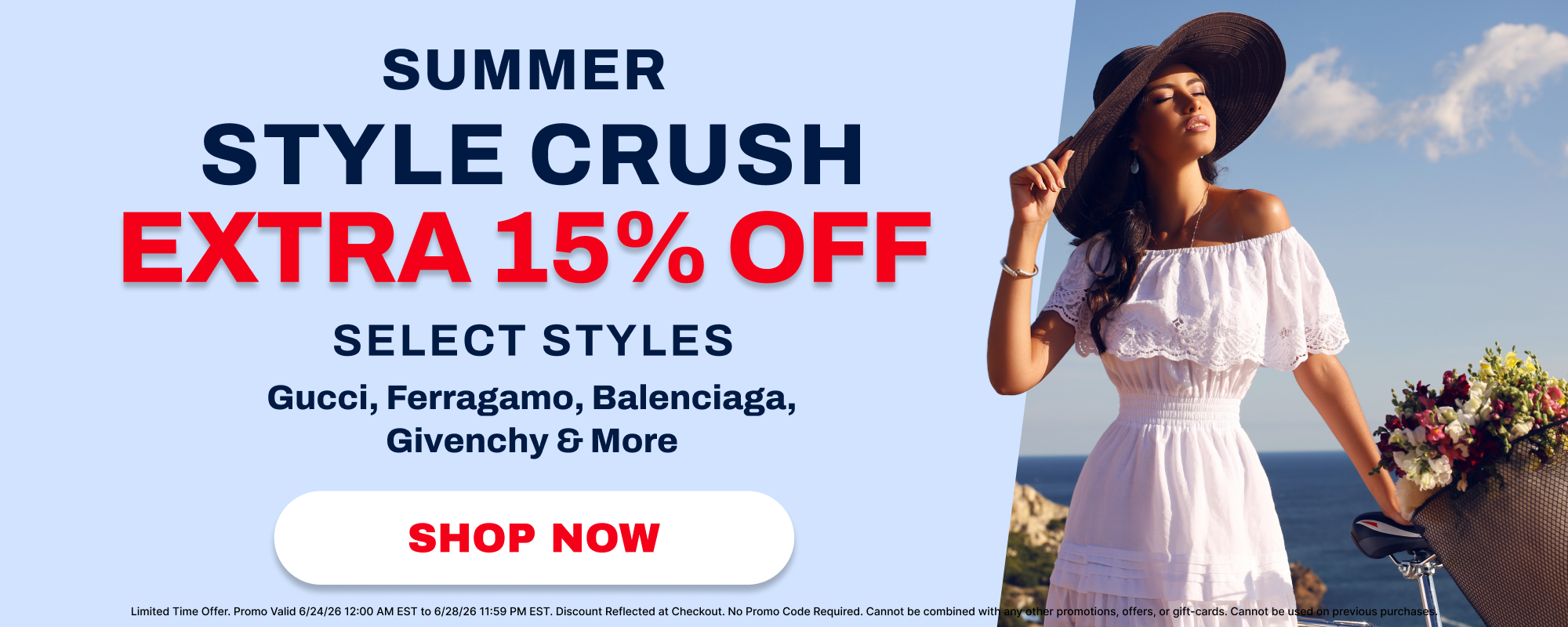 Promotional banner for summer style sale with woman in white dress and hat on a beach.