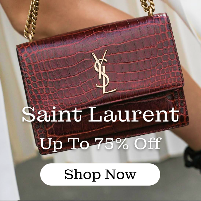 Shop Saint Laurent banner up to 75 percent off women in white dress red purse with gold ysl logo