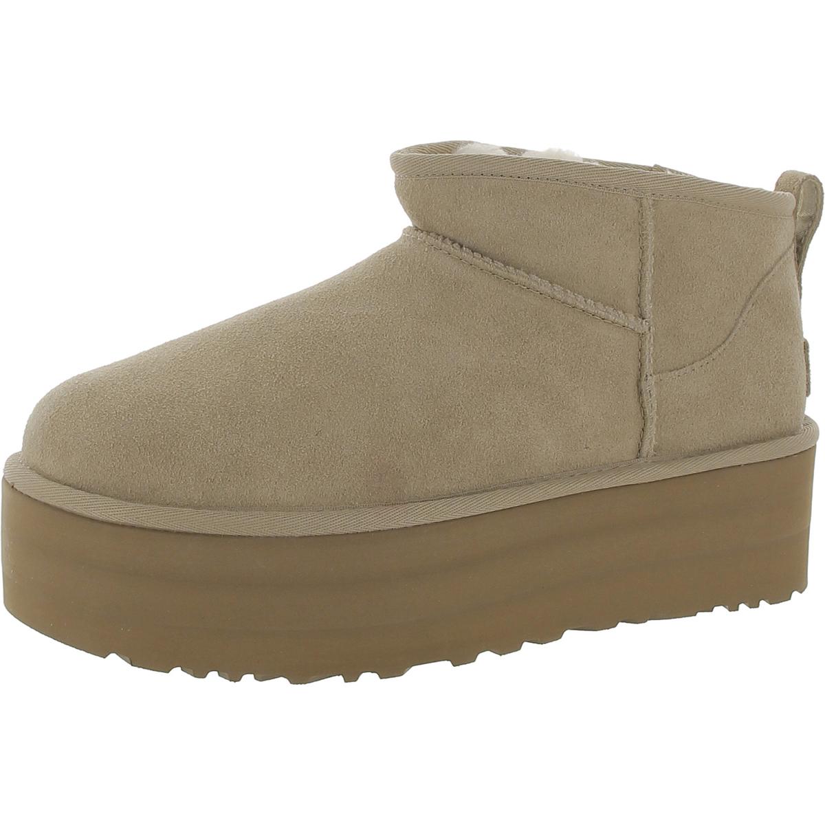 Classic Ultra Mini Platform Womens Suede Sherpa Ankle Boots Sand