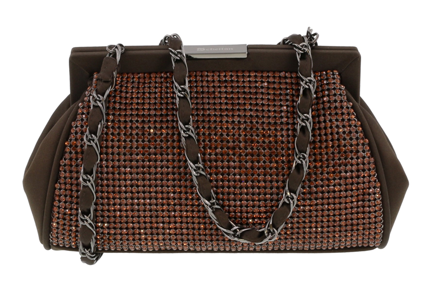 Scheilan Brown Fabric Double Sided Crystal Paneled Clutch/Shoulder Bag