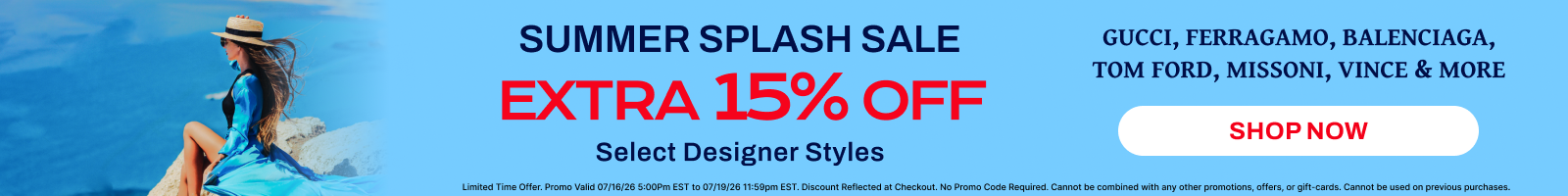 A promotional banner for a summer splash sale, featuring a woman in a blue swimsuit on the left, bold text reading 'SUMMER SPLASH SALE' and 'EXTRA 50% OFF', and a list of designer brands including Gucci, Ferragamo, Balenciaga, Tom Ford, Missoni, and Vence on the right, with a white 'SHOP NOW' button.