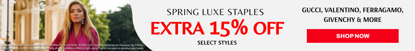 Promotional banner with a woman in a park, featuring a discount offer on Gucci, Valentino, Ferragamo, and Givenchy.