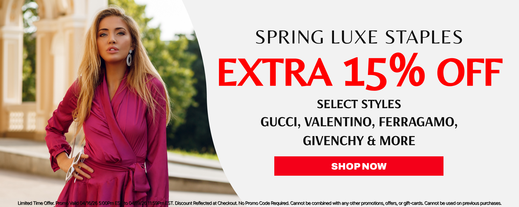 Woman in a pink dress standing outdoors with promotional text overlay for extra 15% off on luxury brands.