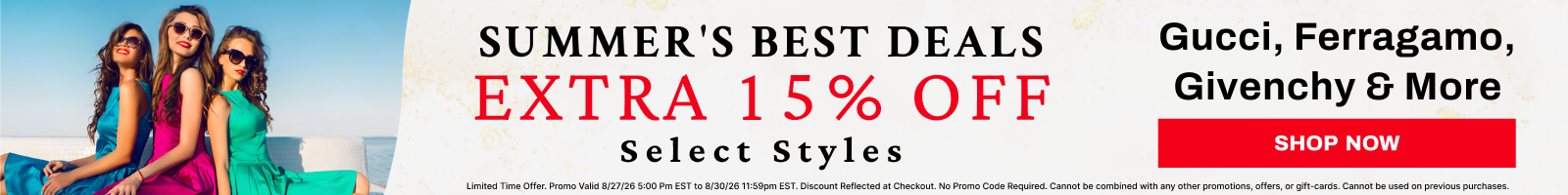 summer deals 15 percent off three women in glasses promotional banner