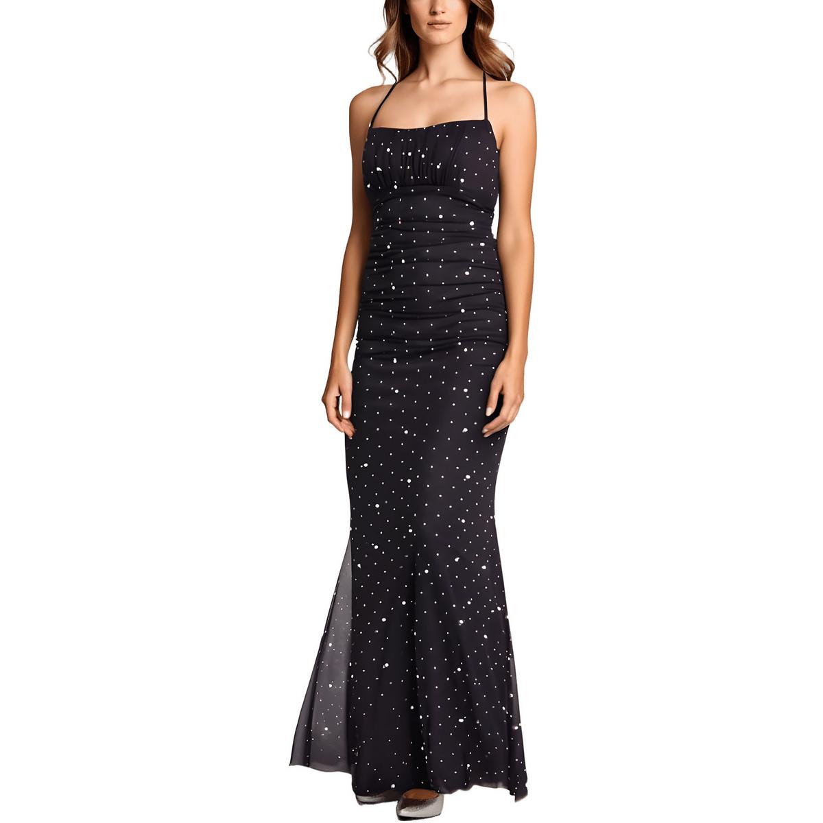 Juniors Emma Womens Embellished Open Back Evening Dress Regular 0 (XS) Black Pearl