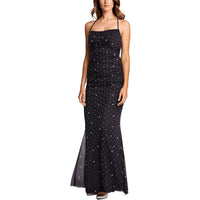Juniors Emma Womens Embellished Open Back Evening Dress Regular 0 (XS) Black Pearl