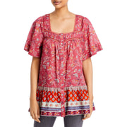Nica Womens Square Neck Printed Button-Down Top