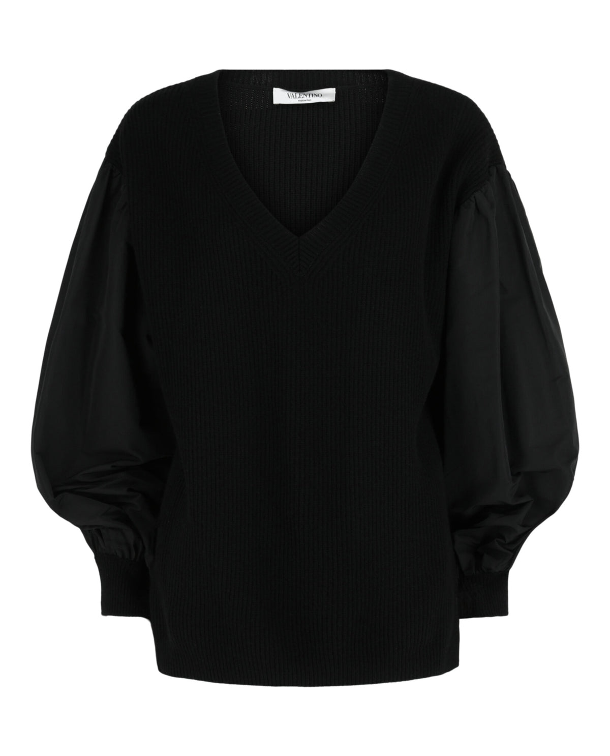 Valentino Womens Mixed-Media Ribbed-Knit V-Neck Sweater