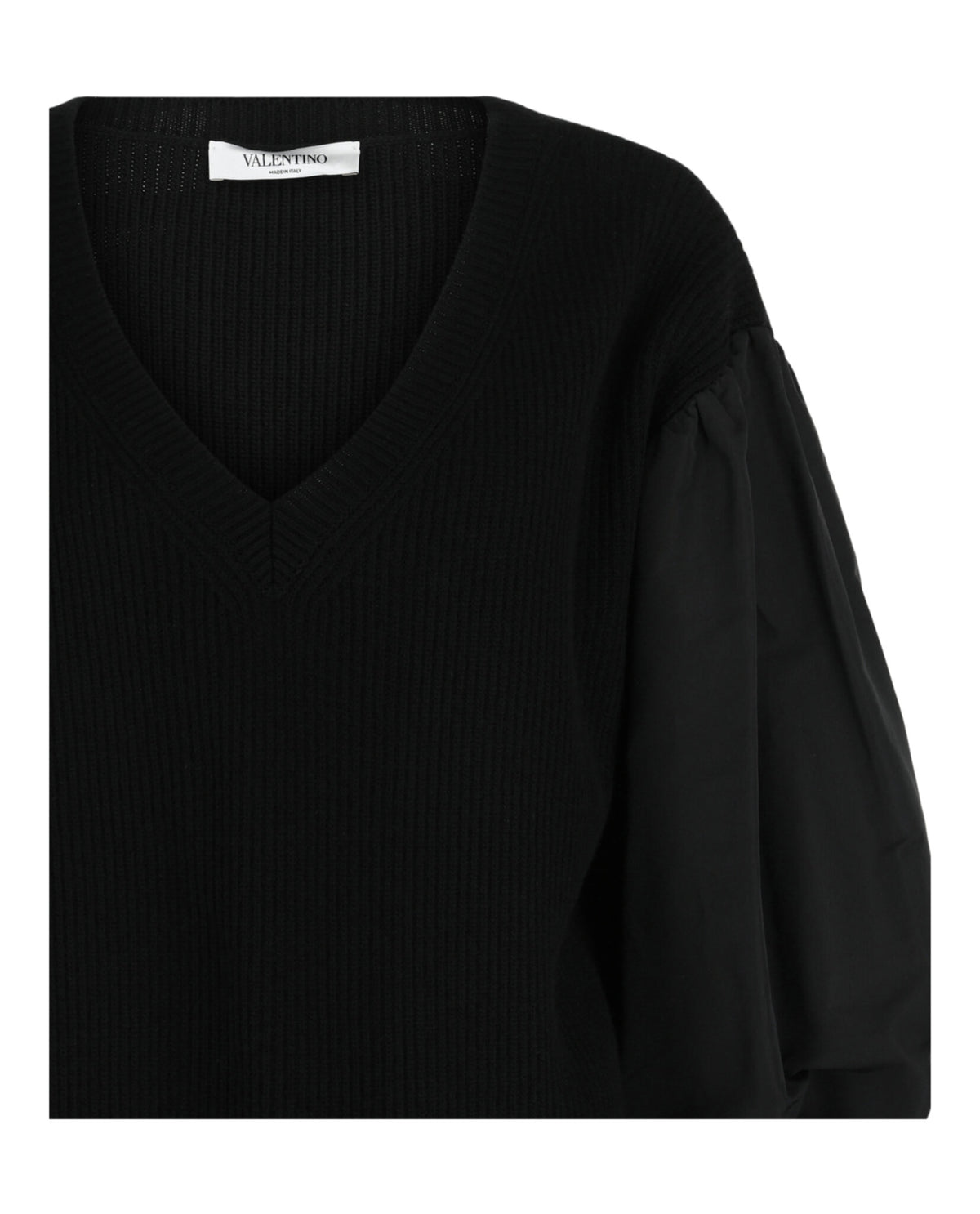 Valentino Womens Mixed-Media Ribbed-Knit V-Neck Sweater