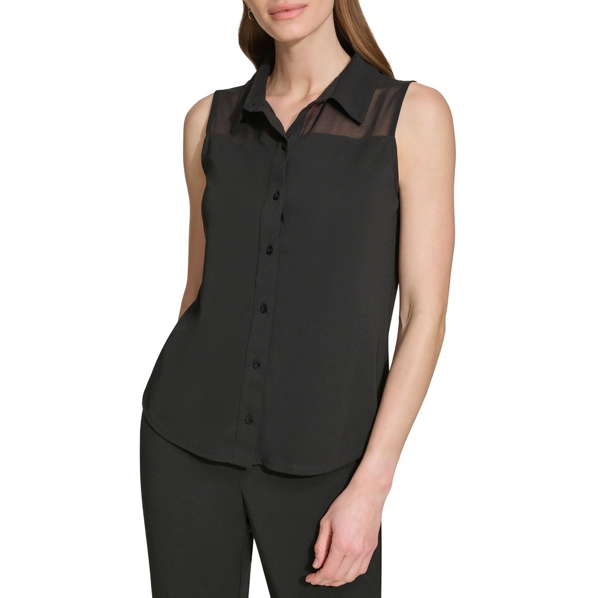 Womens Solid Chiffon Button-Down Top